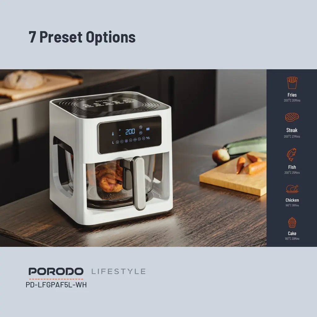 Porodo LifeStyle 5L Glass Pot Air Fryer - White (2).webp