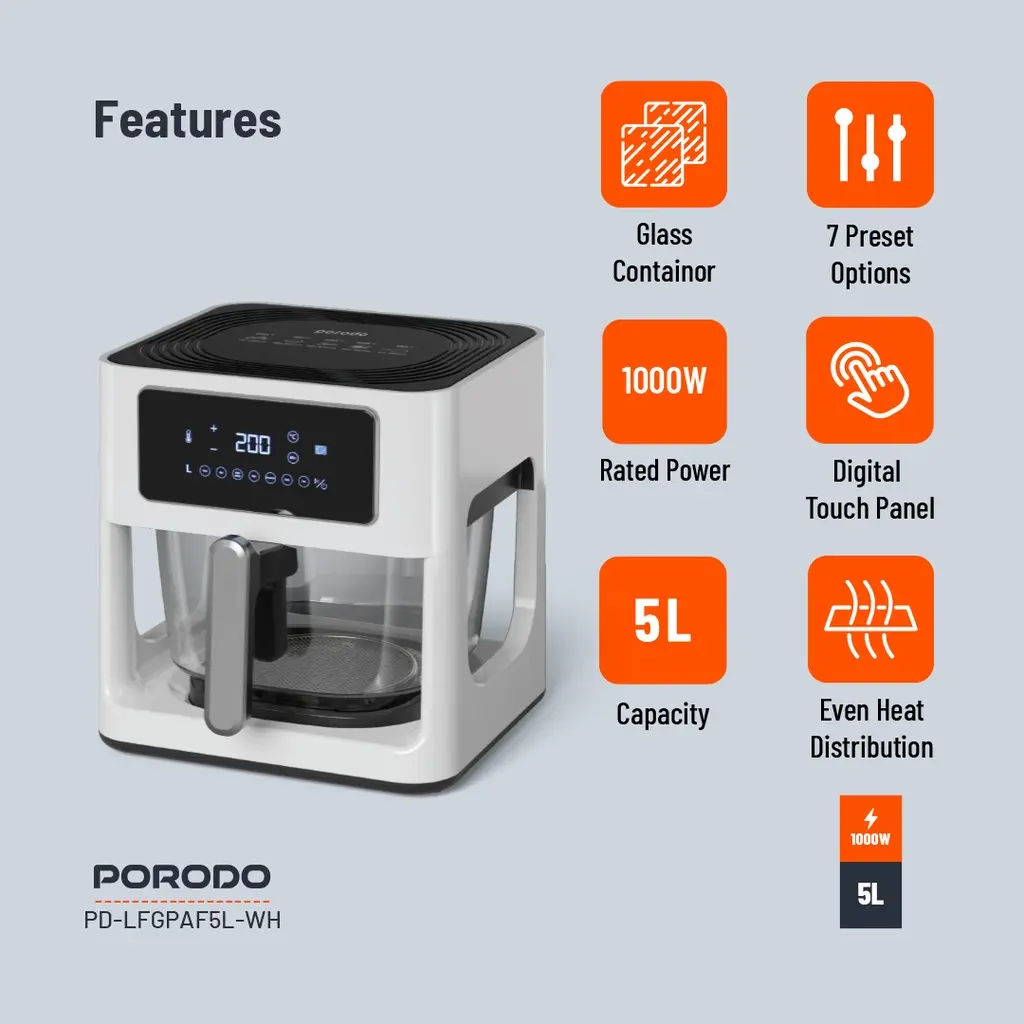 Porodo LifeStyle 5L Glass Pot Air Fryer - White (1).webp