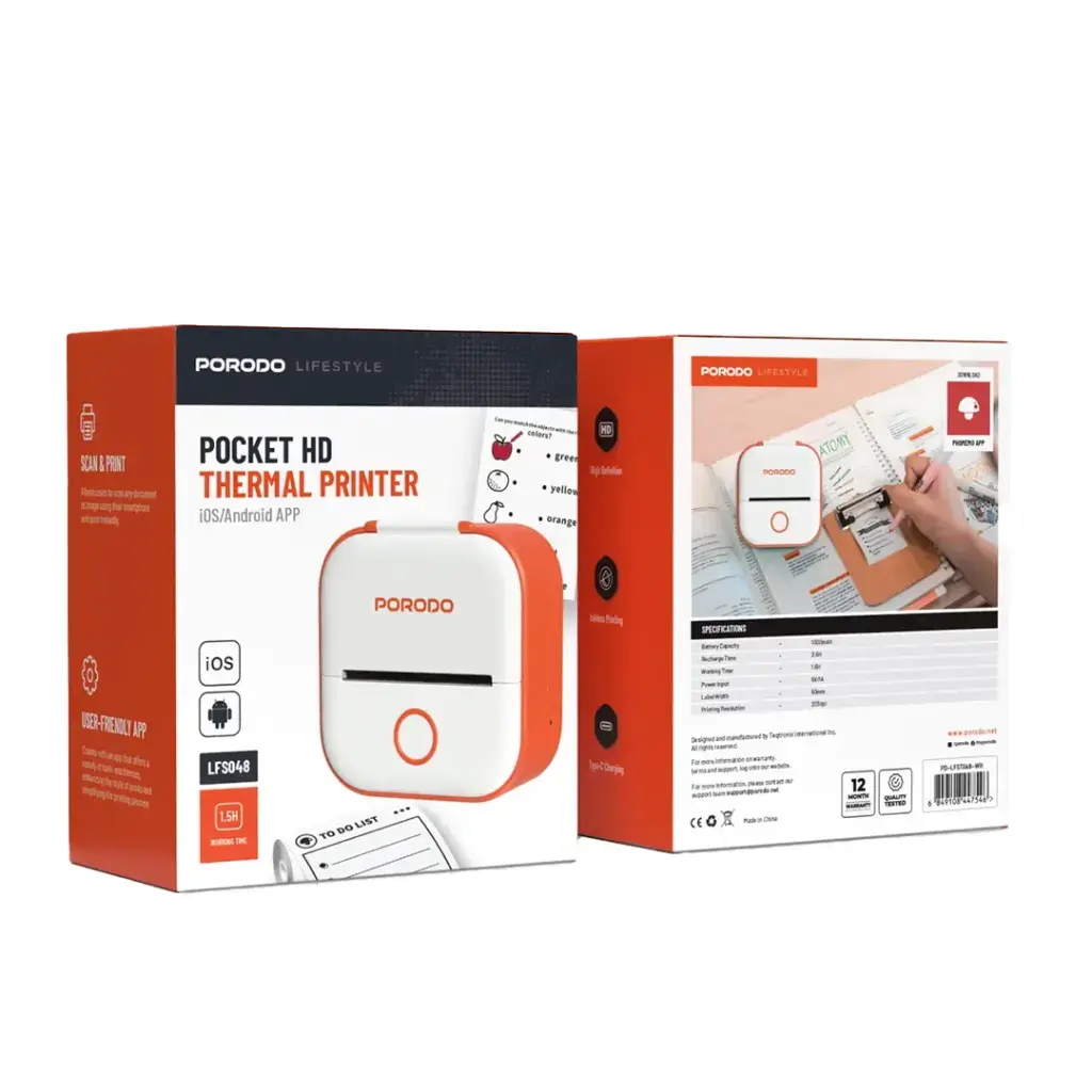 Porodo Lifestyle Pocket HD Thermal Printer - White-Orange (1).webp