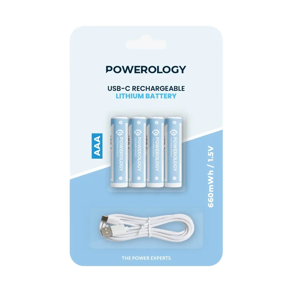 Powerology 1.5V Type-c Rechargeable Lithium-ion Battery AAA Battery 660mWh 4pcs per Pac (1).webp