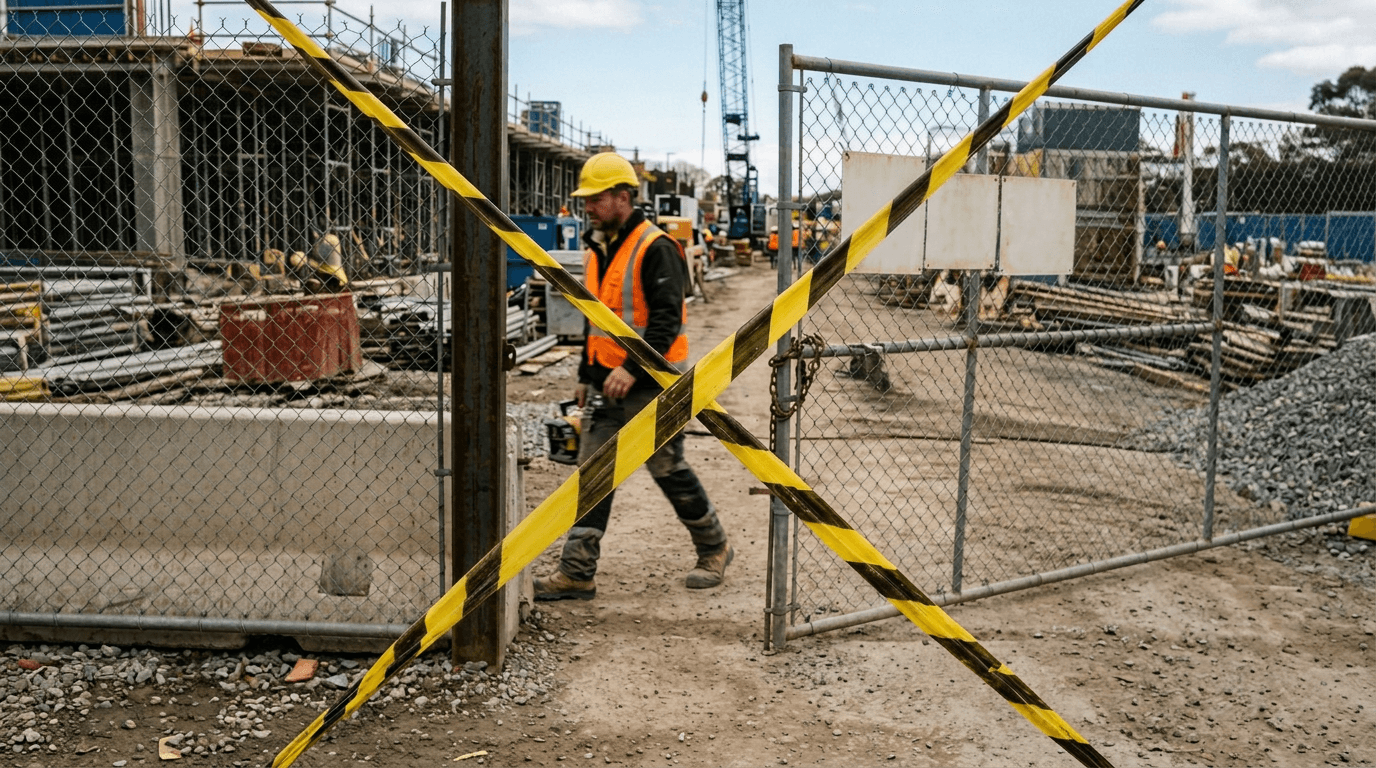 Construction site monitoring — worker at a building project entrance