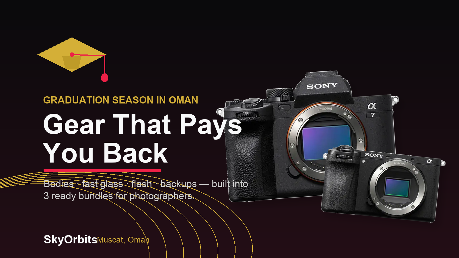 Graduation photography gear in Oman — Sony a7 IV and a6700 bodies on a SkyOrbits brand banner