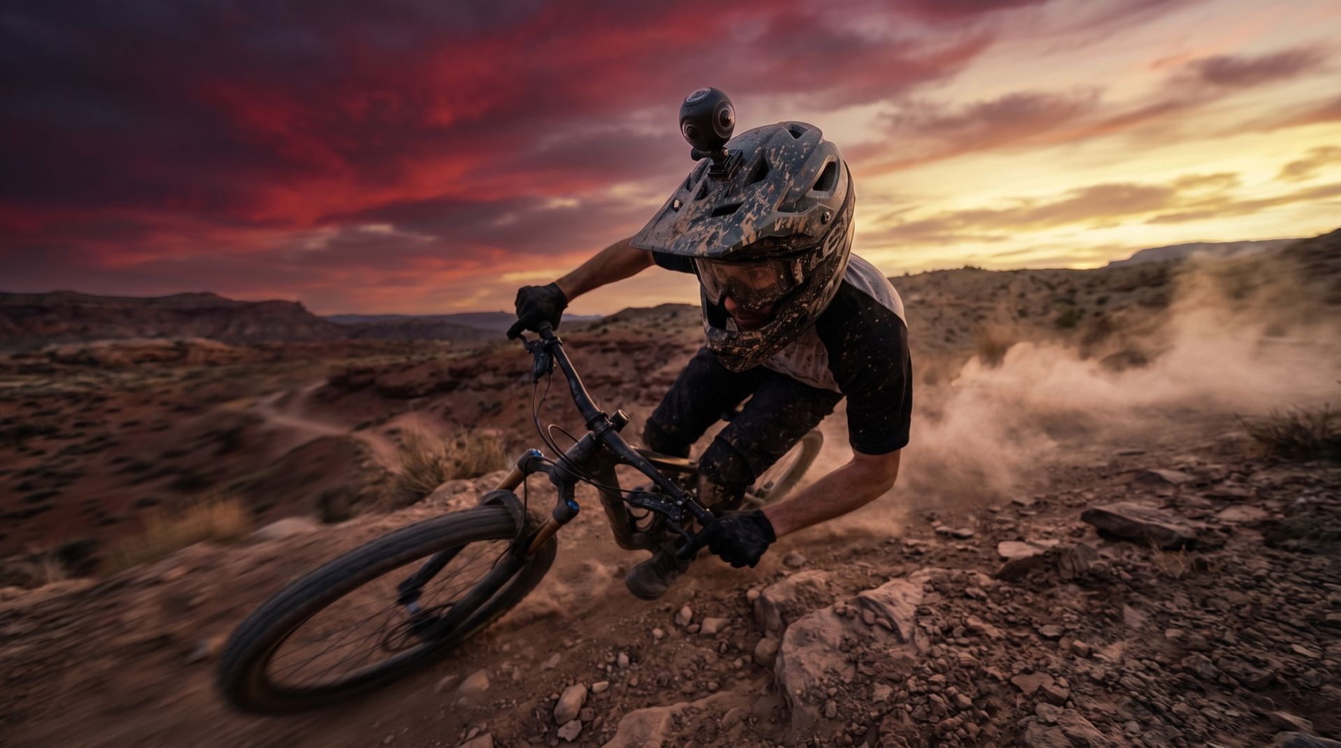 A 360 action camera mounted on a mountain-bike helmet at dusk — Insta360 X5 vs GoPro MAX2 at Skyorbits Oman