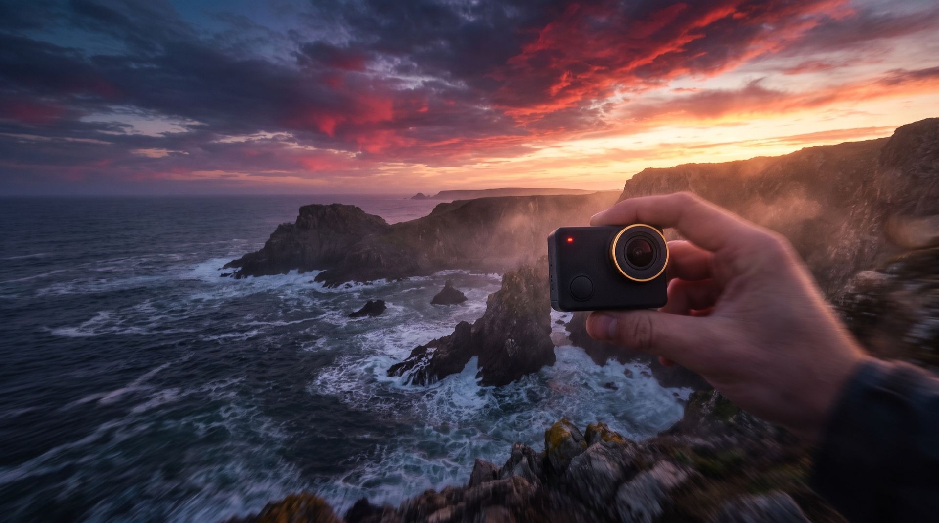 An action camera held over a dramatic coastline at sunset — DJI Osmo Pocket 4 vs Insta360 X5 at Skyorbits Oman