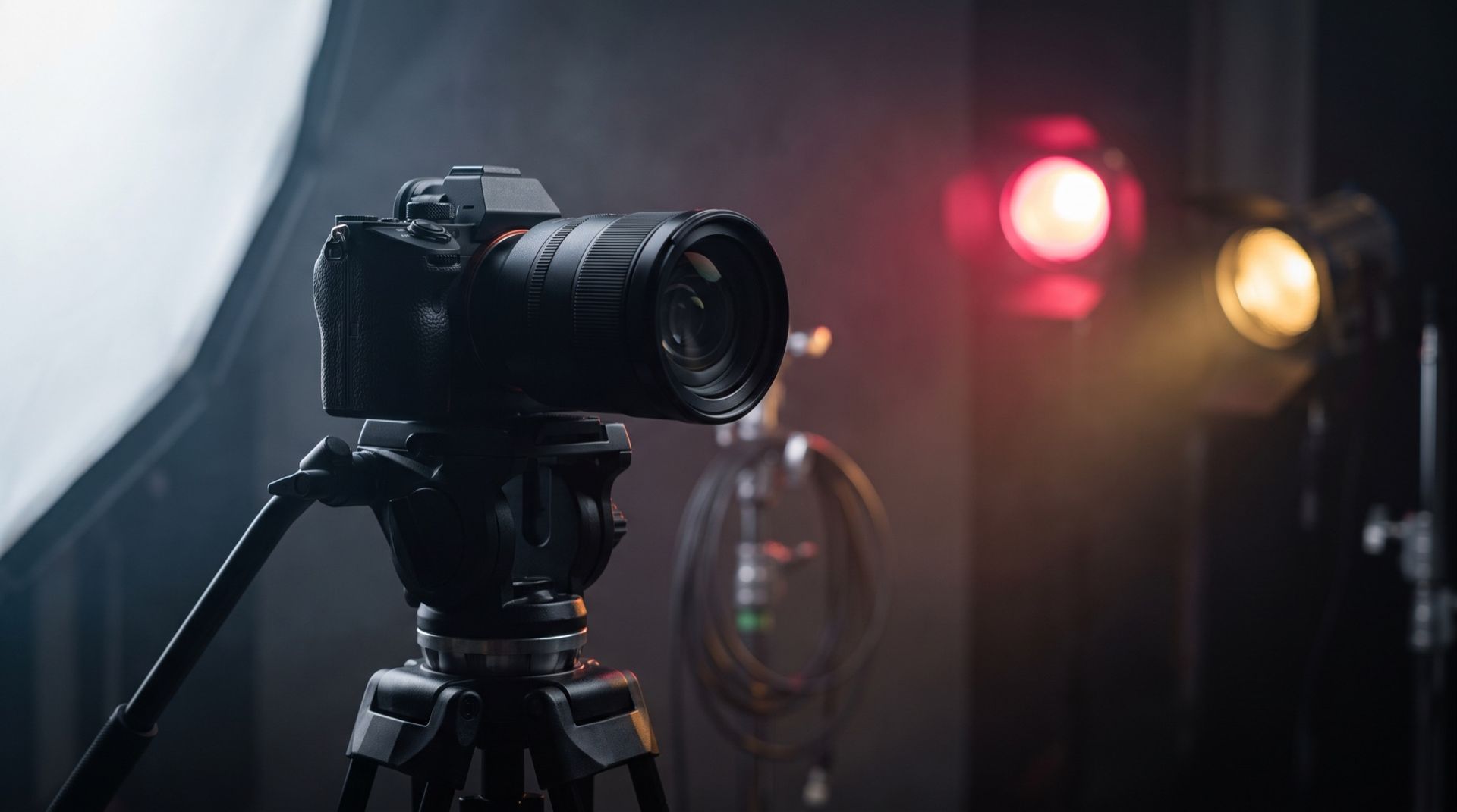 A full-frame mirrorless camera on a tripod in a cinematic studio — Sony a7 V vs a7 IV at Skyorbits Oman