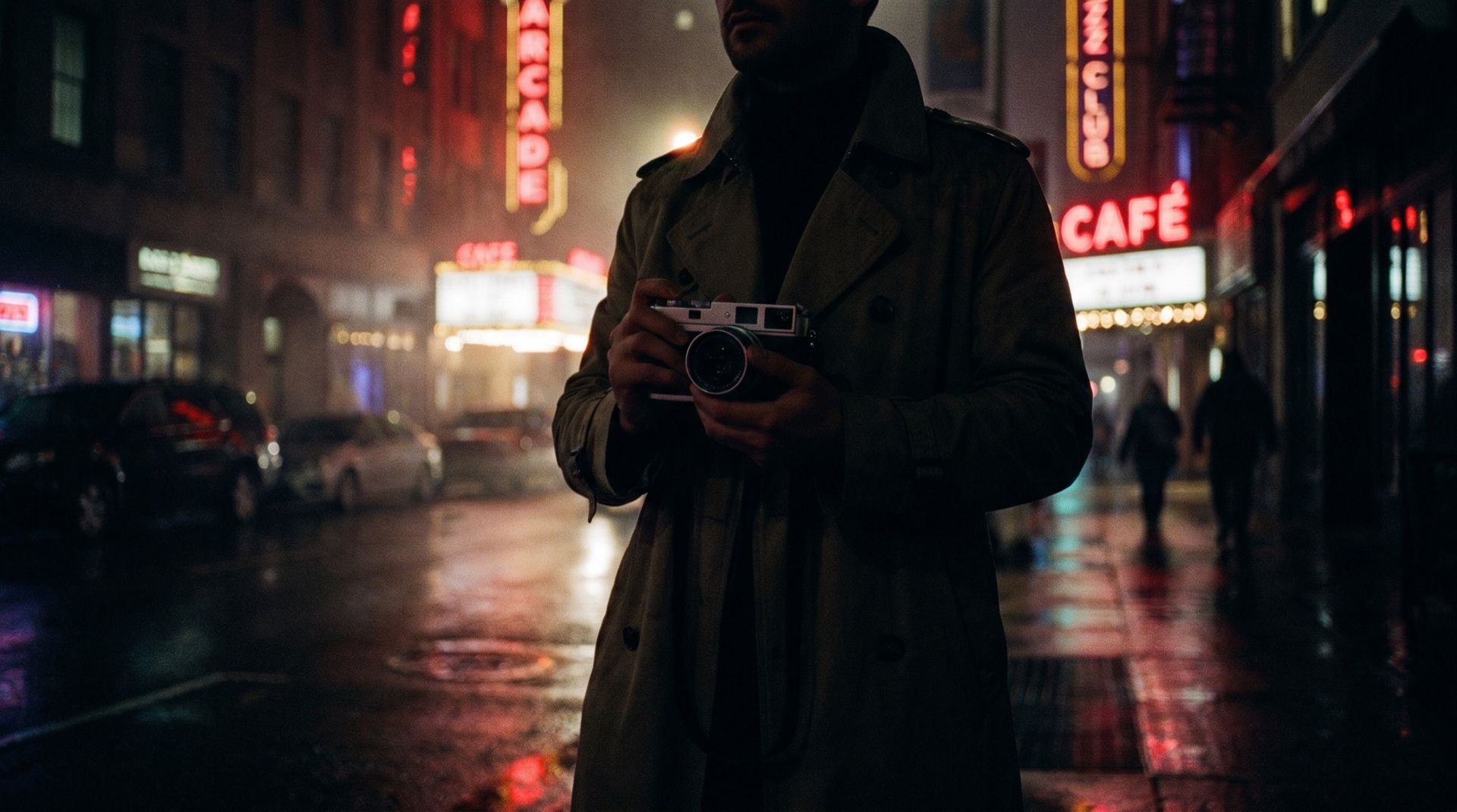 A street photographer with a compact mirrorless camera on a neon-lit night street — Fujifilm X-E5 vs X-M5 at Skyorbits Oman