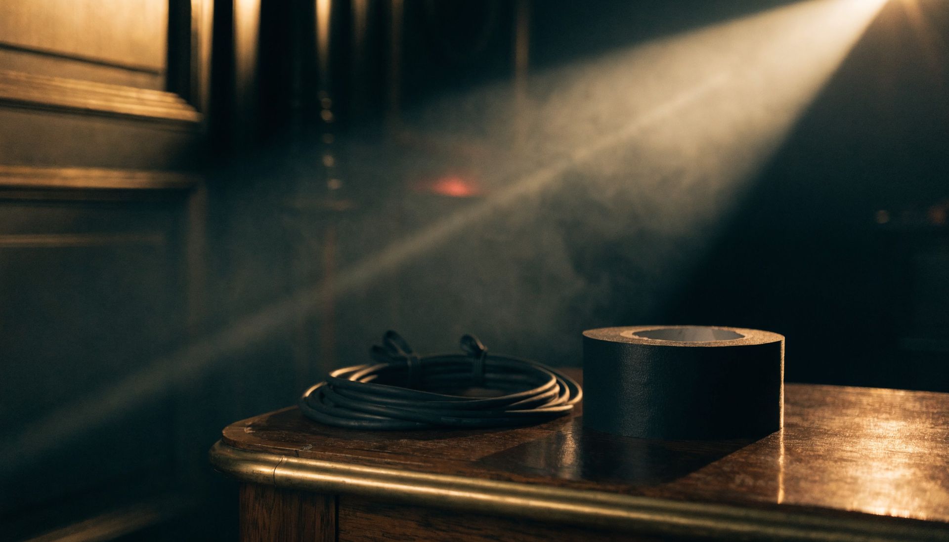 Gaffer tape and cable coil on a dark wooden production table under dramatic gold light — SkyOrbits Oman
