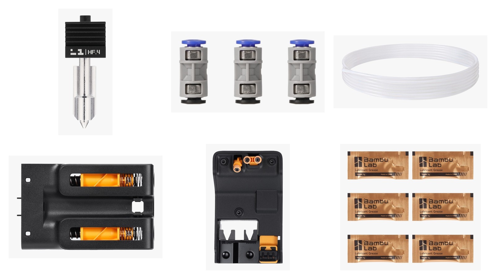 Bambu Lab replacement parts: hotend, PTFE tube and connector, filament buffer, purge wiper and lubricant grease