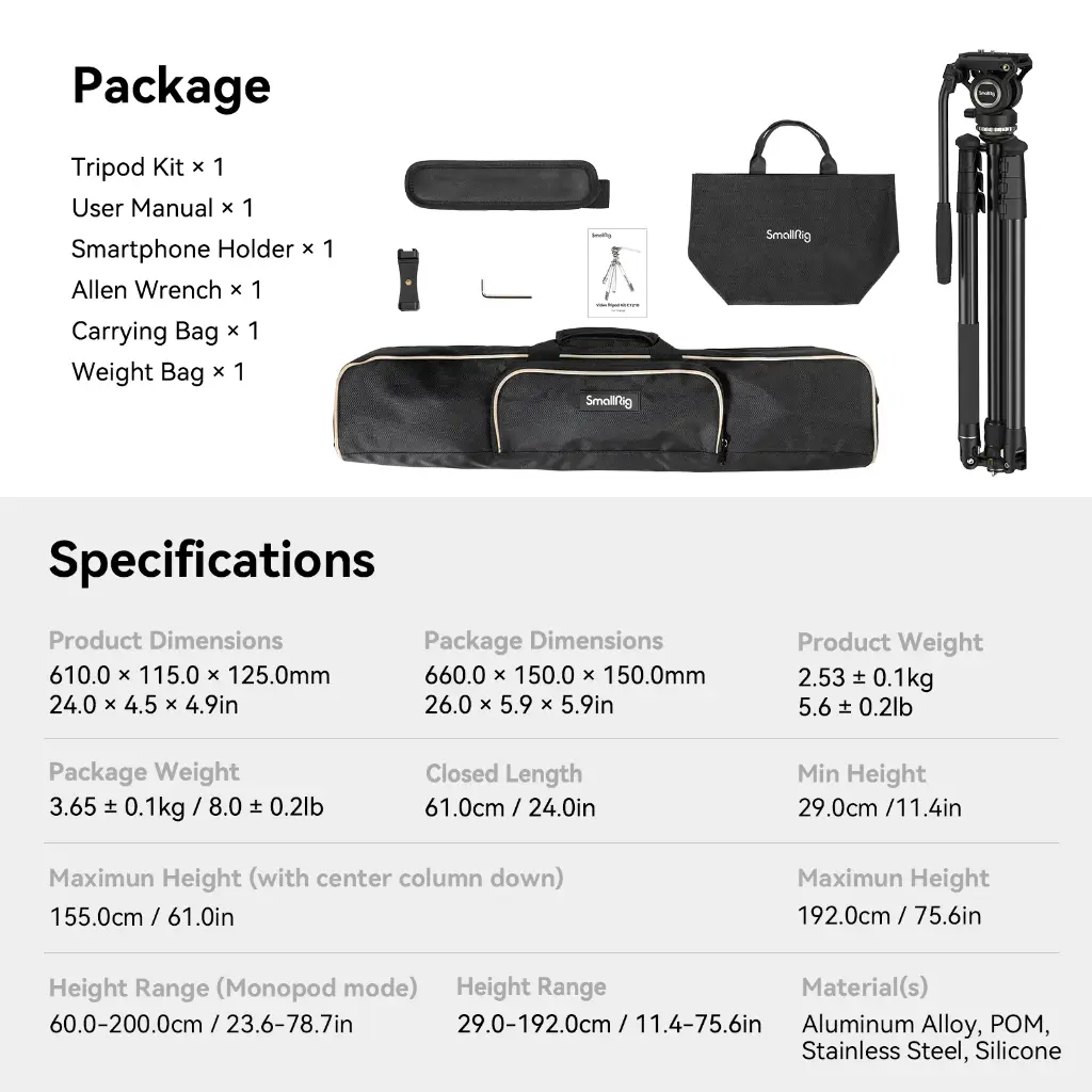 SmallRig CT210 Aluminum Alloy Video Tripod with Fluid Head Kit 4475 — photo 4