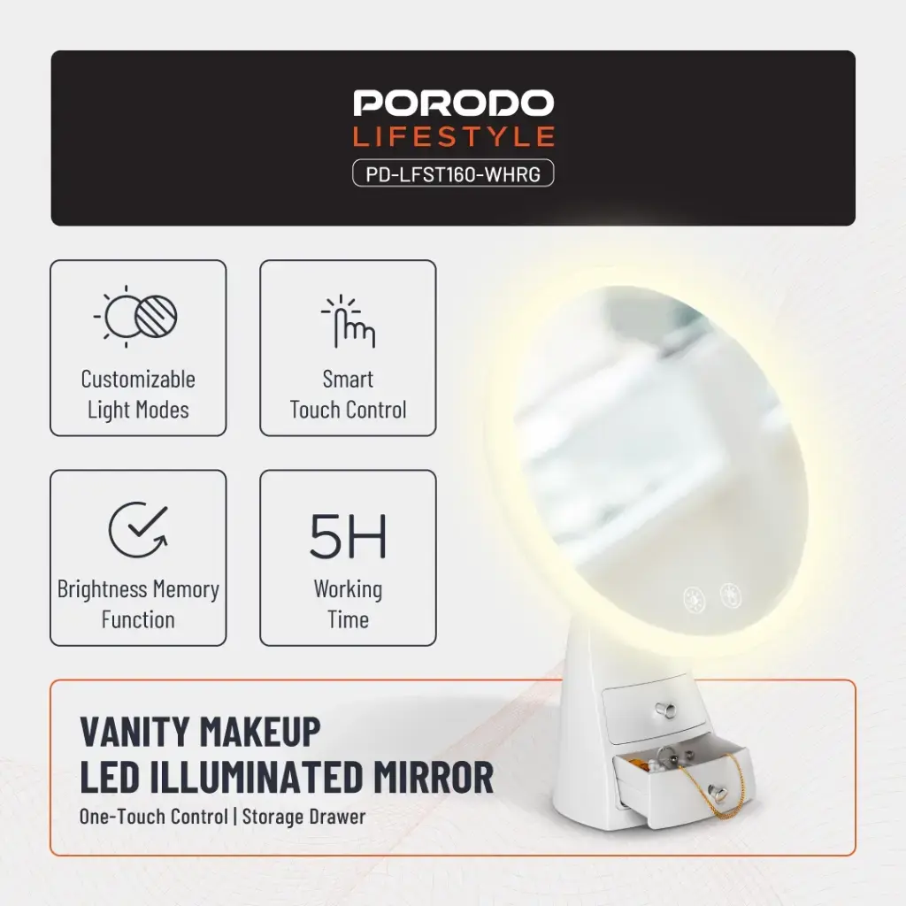 Porodo Lifestyle Vanity Makeup Led Illuminated Mirror White/Rose Gold PD-LFST160-WHRG — photo 3