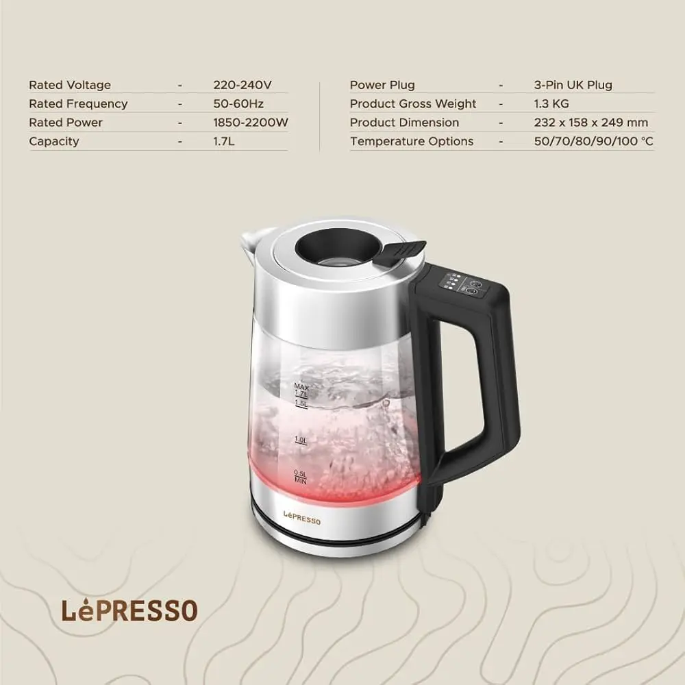 LePresso Multi Temperature Illuminated Glass Kettle Black LPCFFM0008-BK — photo 3