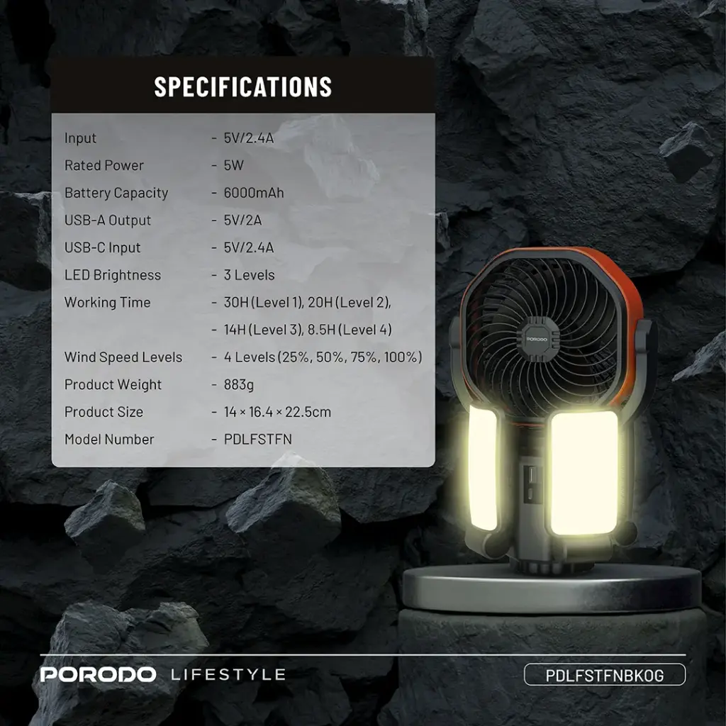 Porodo Lifestyle Suncharge Outdoor Solar Fan Black & Orange PDLFSTFNBKOG — photo 2