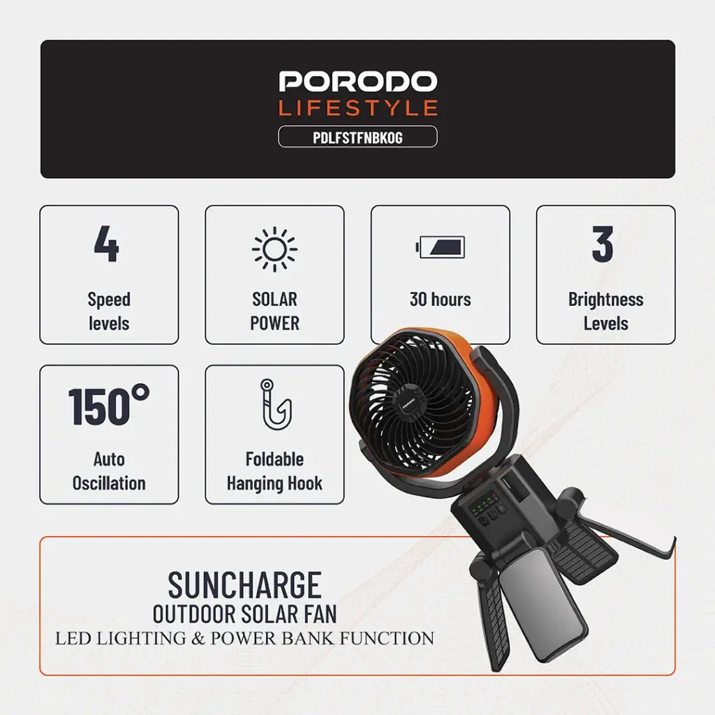 Porodo Lifestyle Suncharge Outdoor Solar Fan Black & Orange PDLFSTFNBKOG — photo 1