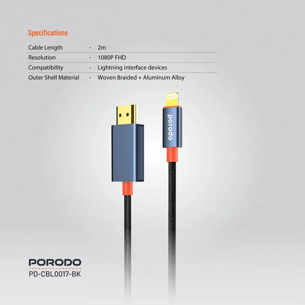 Porodo Woven Lightning to HDMI Cable 2Mtr PD-CBL0017-BK — photo 1