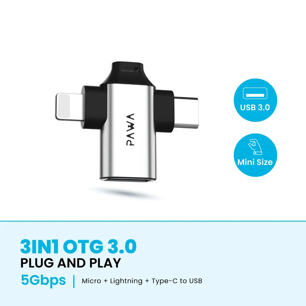 PAWA 3-IN-1 OTG Adapter 3.0 Lightning + Type-C To USB PW-OTG31B30 — photo 1