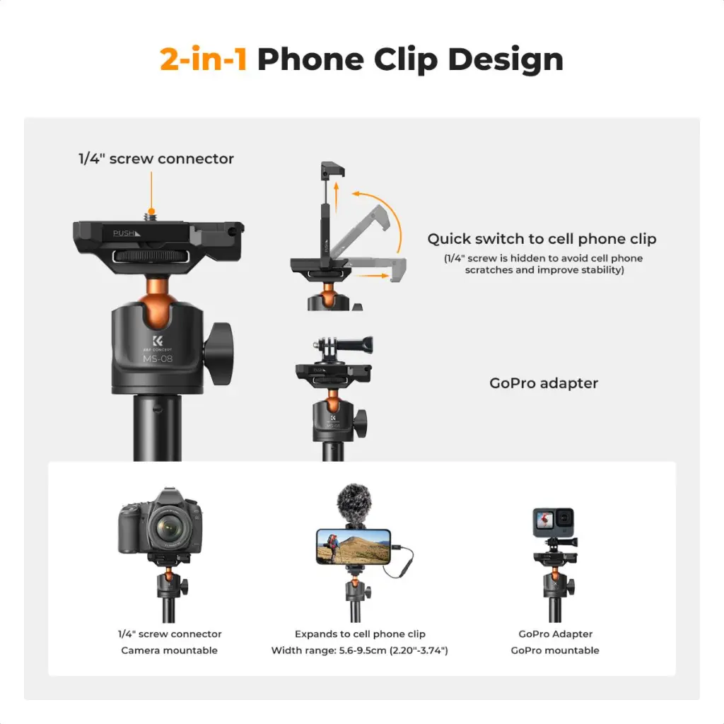 K&F Concept 2in1 Selfie Stick Tripod With GoPro Adapter & Bluetooth Remote Controller — photo 4