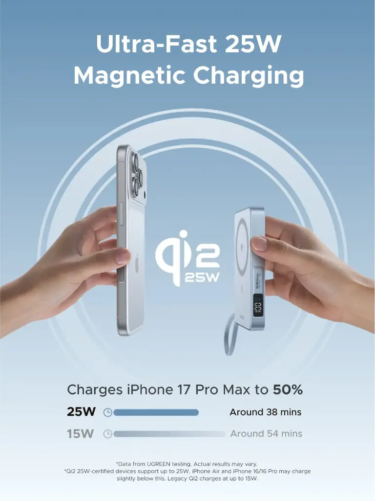 UGREEN 2-in-1 Qi2.2 25W Magnetic Wireless Power Bank 10000mAh, Space Gray — photo 3