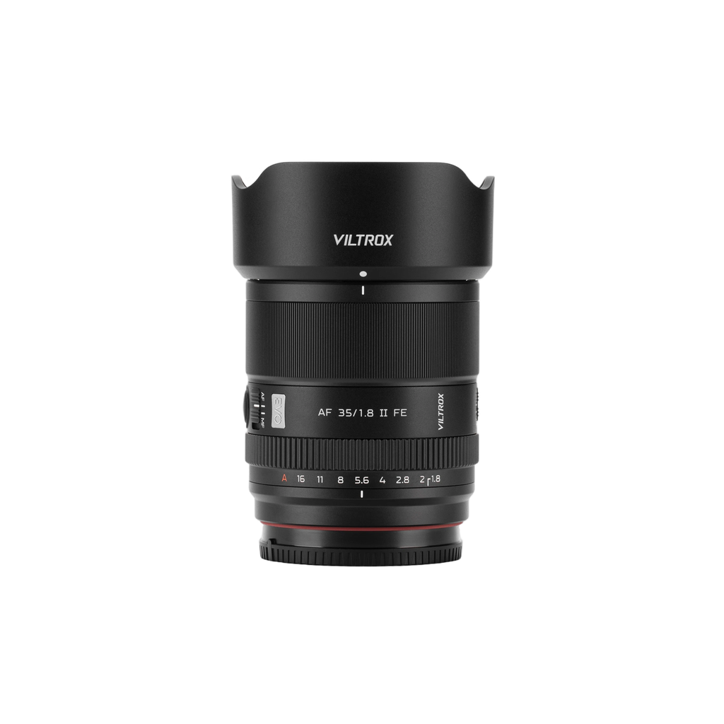 Viltrox AF 35mm f/1.8 II with lens hood, front view