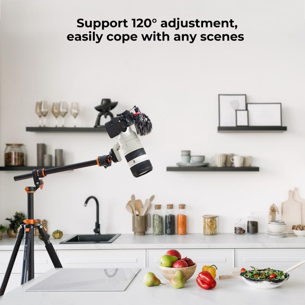 K&F Concept KF09.119 tripod in overhead / horizontal centre-column mode for food and flat-lay shooting