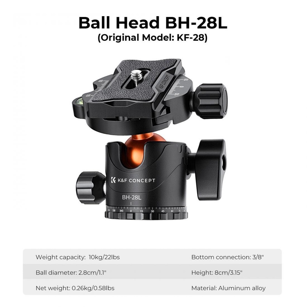 K&F Concept BH-28L ball head — 28mm ball, Arca-type quick-release plate