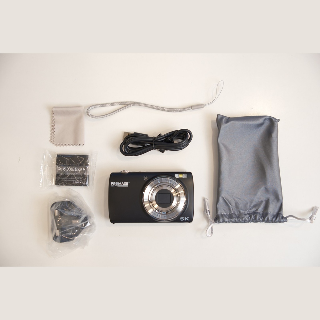 Promage PC275 in the box: camera, battery, USB cable, pouch, strap
