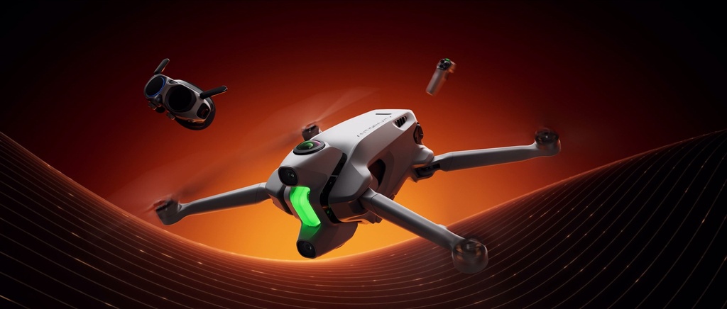 ANTIGRAVITY A1 drone with Antigravity Vision goggles, dramatic hero shot