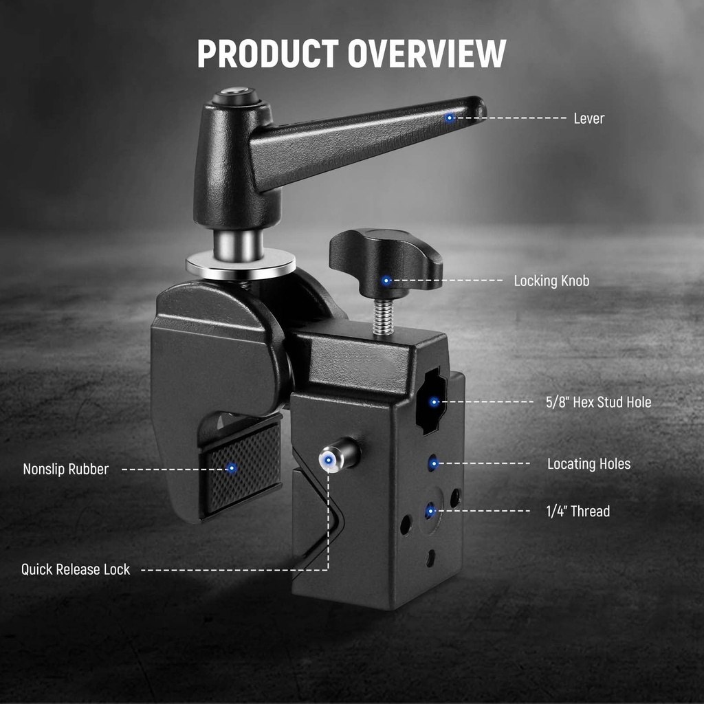 NEEWER UA017 Super Clamp with 5/8" Stud, Spring Lock, 2.4" J — 1