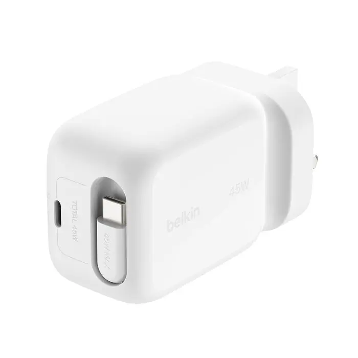Belkin UltraCharge Retractable GaN Wall Charger 45W with 0.7 m USB-C Cable (WCH023myWH)