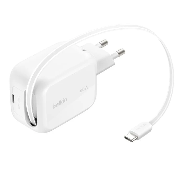 Belkin UltraCharge Retractable GaN Wall Charger 67W with 1 m USB-C Cable (WCH022myWH)