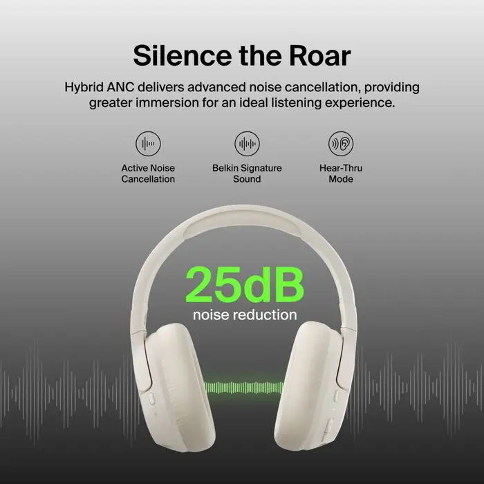 Belkin SoundForm Isolate Noise Cancelling Over-Ear Wireless Headphones Sand (AUD008hqSA)