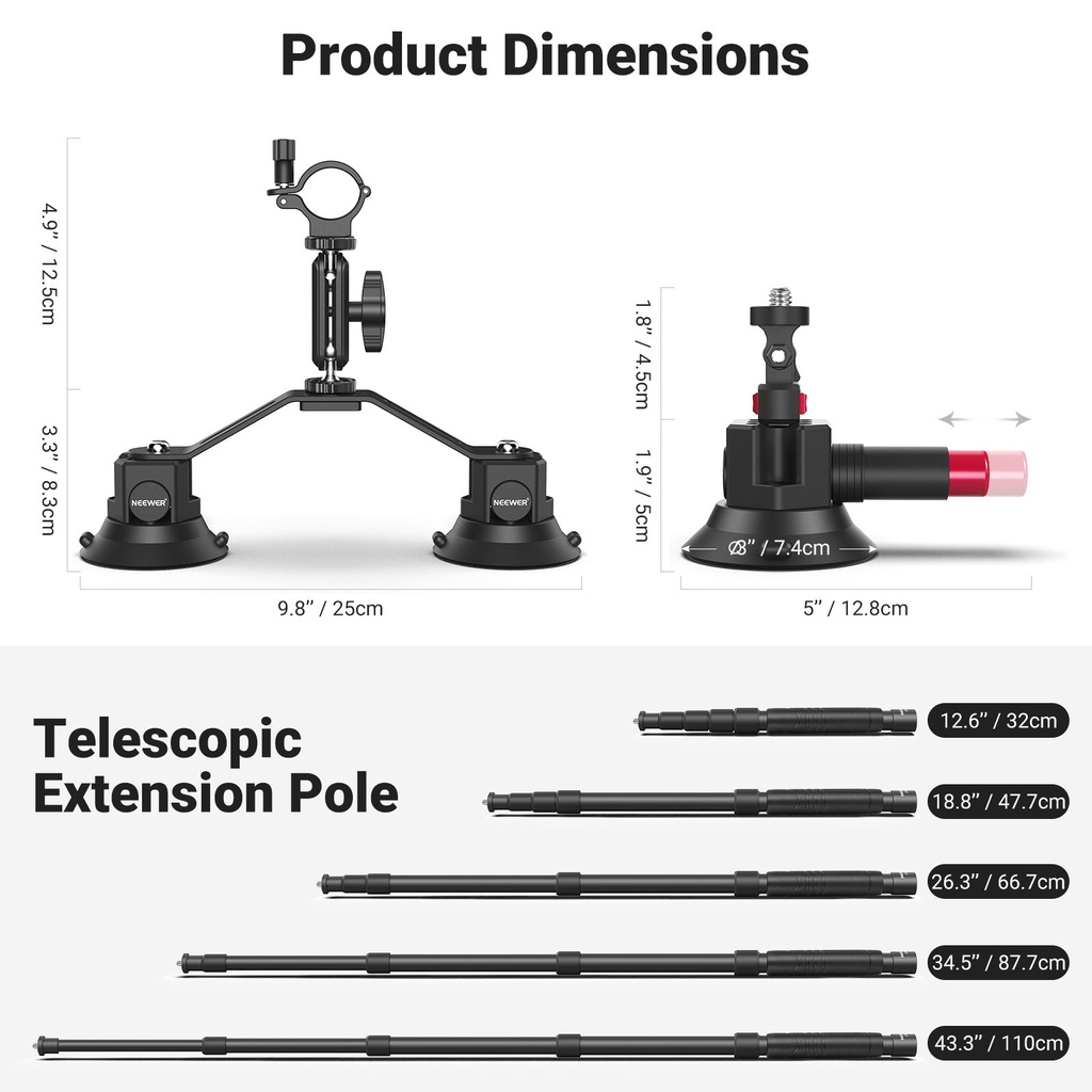 Neewer 3-in-1 Suction Cup Car Mount Kit with Extension CA065