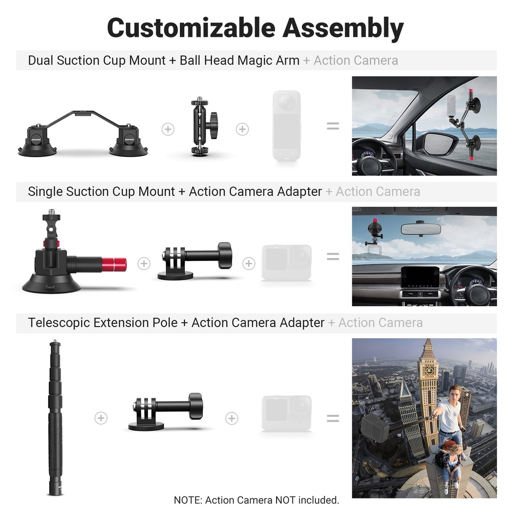 Neewer 3-in-1 Suction Cup Car Mount Kit with Extension CA065