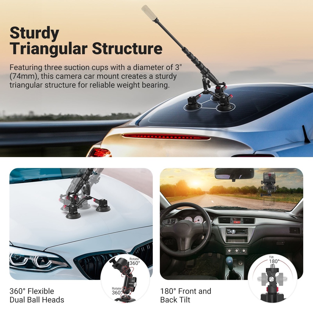Neewer 3-in-1 Suction Cup Car Mount Kit with Extension CA065