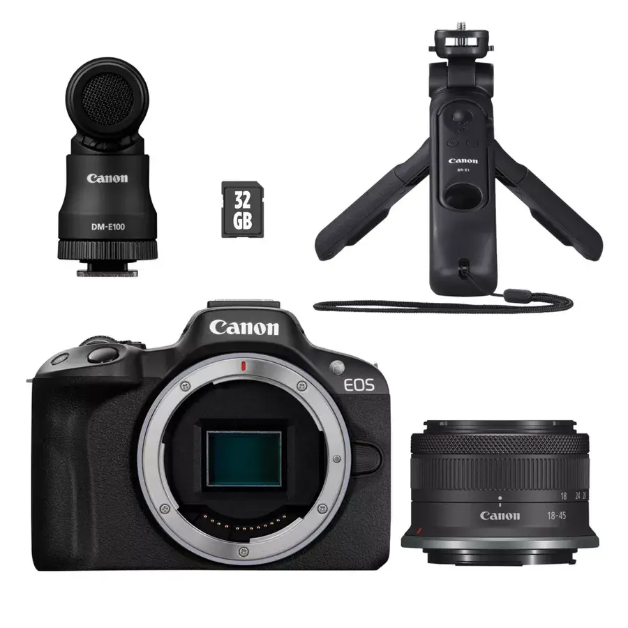 canon-eos-r50-mirrorless-camera-vlogger-kit-black-product-front-view-with-lens-and-tripod.webp