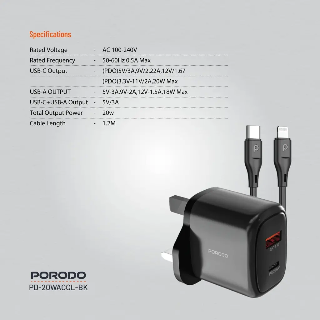 Porodo 20W+QC USB A+C Charger UK with C-Lightning 1.2M Cable - Black.webp