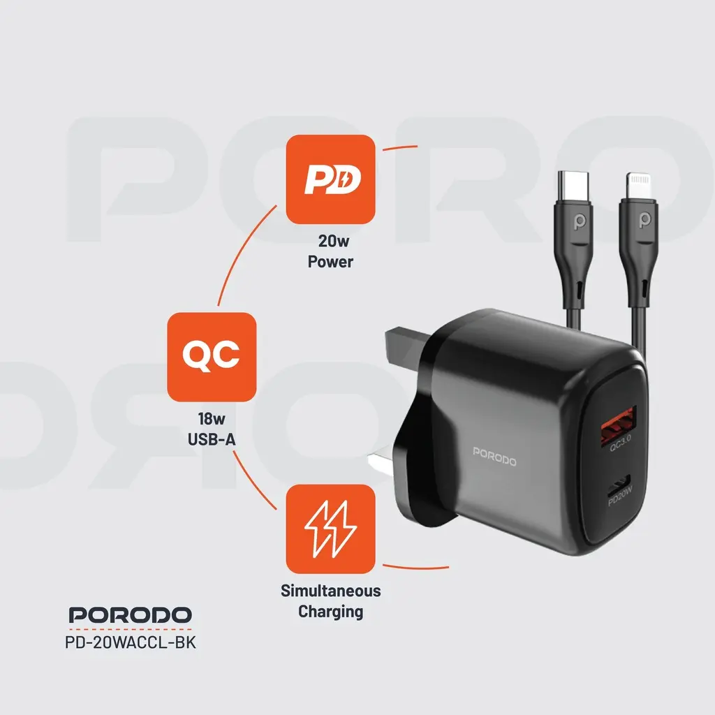 Porodo 20W+QC USB A+C Charger UK with C-Lightning 1.2M Cable - Black (1).webp