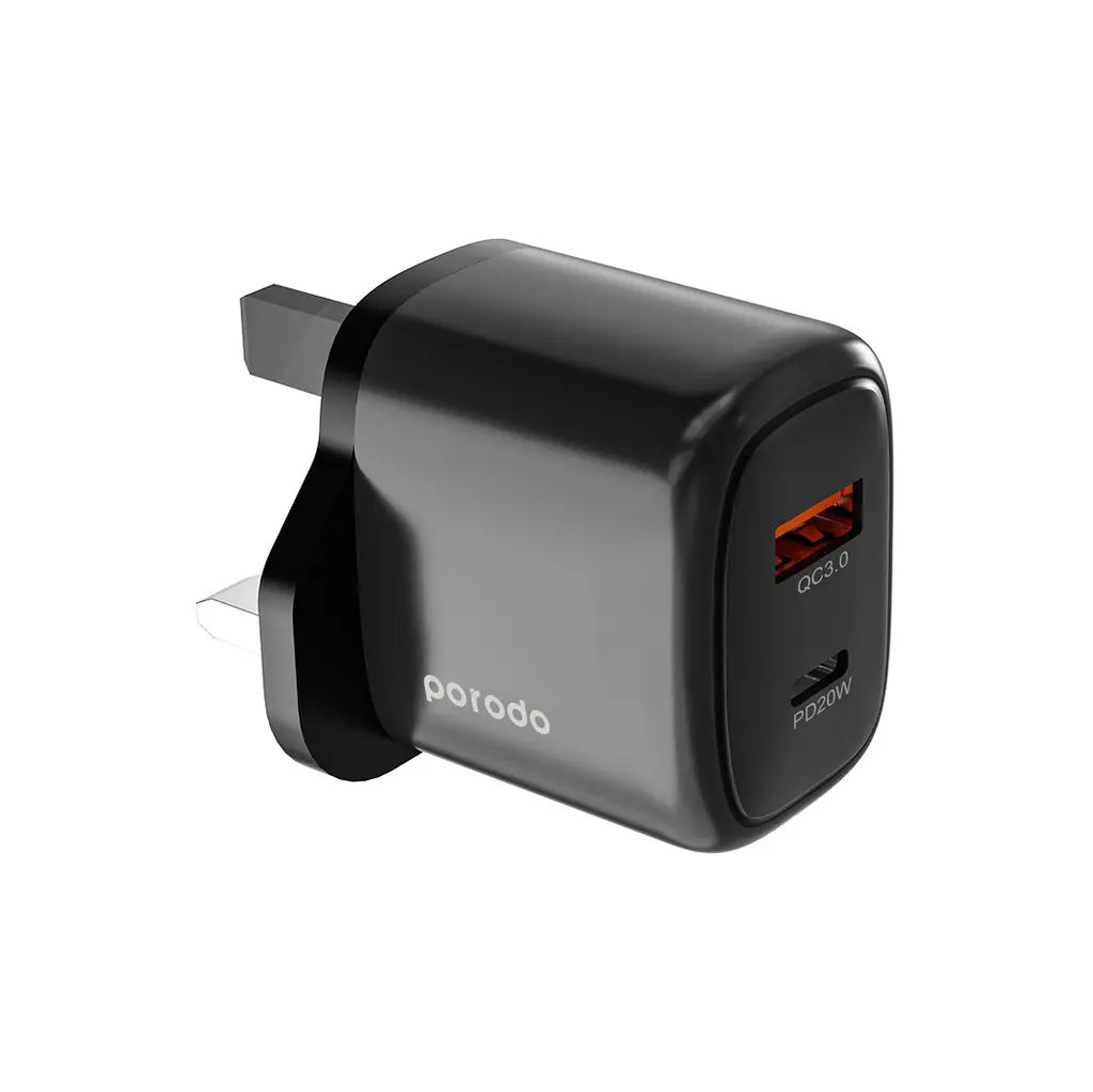 [PD-20WACCL-BK] Porodo 20W+QC USB A+C Charger UK with C-Lightning 1.2M Cable - Black.webp