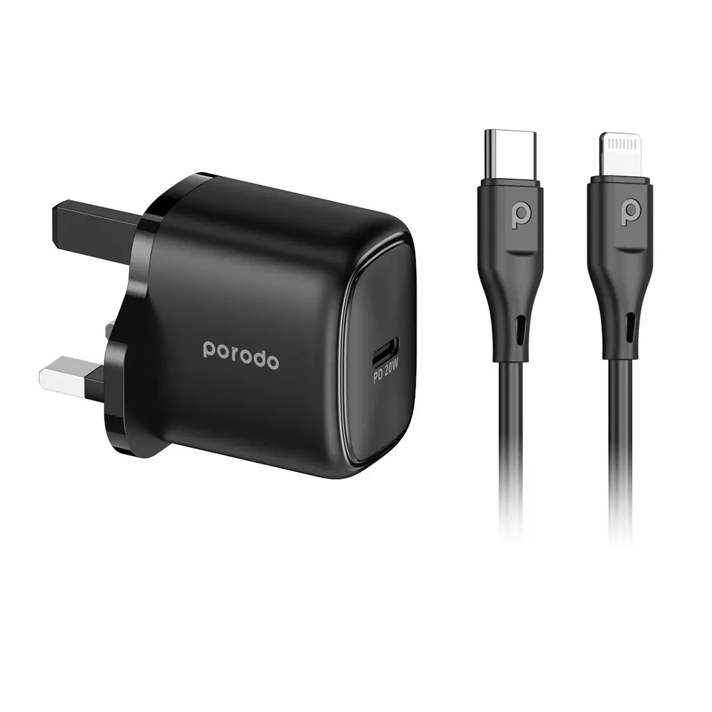 Porodo 20W Single USB C Charger UK With Type C to L Cable 1.2M - Black .webp