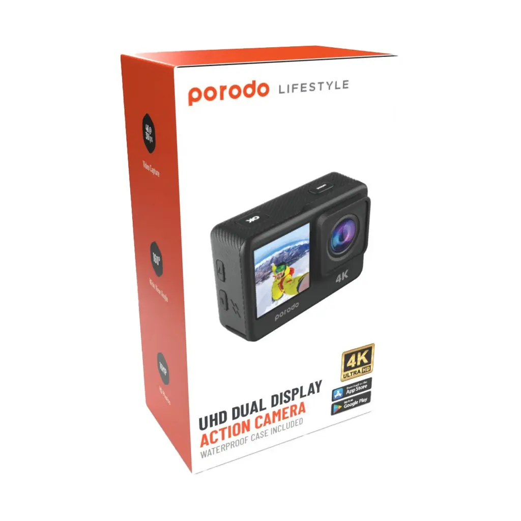 Porodo Lifestyle Camera & Webcam Action Camera  Dual Screen Display Black [PD-4KACAM-BK].webp