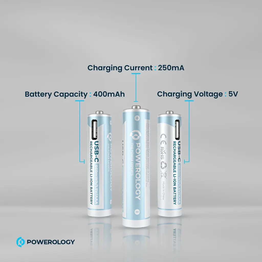 Powerology 1.5V Type-c Rechargeable Lithium-ion Battery AAA Battery 660mWh 4pcs per Pac  (2).webp