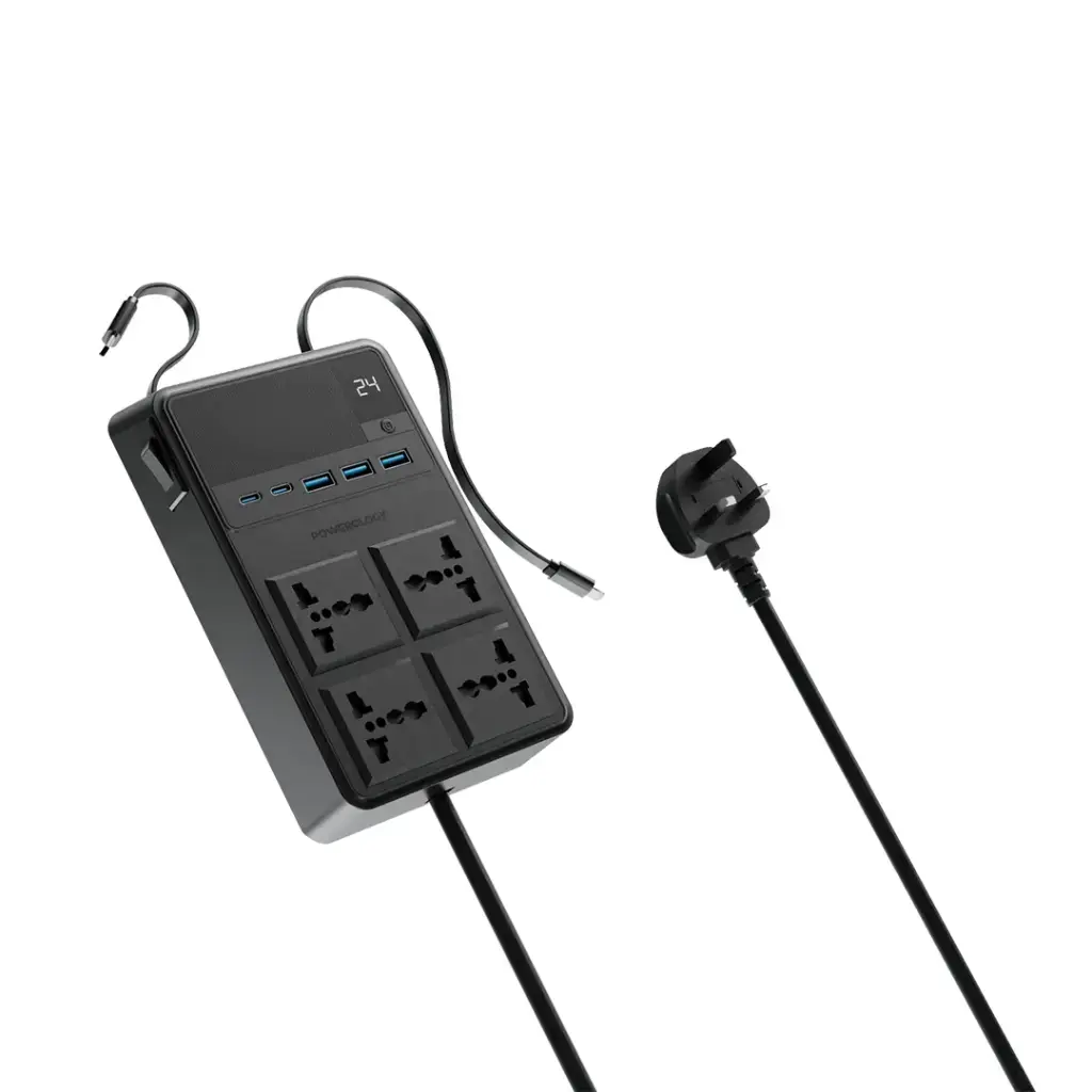 Powerology 2500w 4 AC Power Strip with Built-In Cables - Black.webp