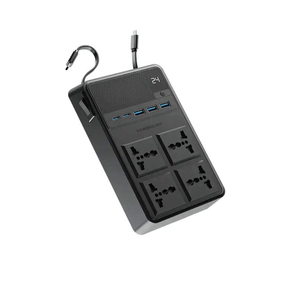 [PWCUQC029] Powerology 2500w 4 AC Power Strip with Built-In Retractable Cables - Black.webp