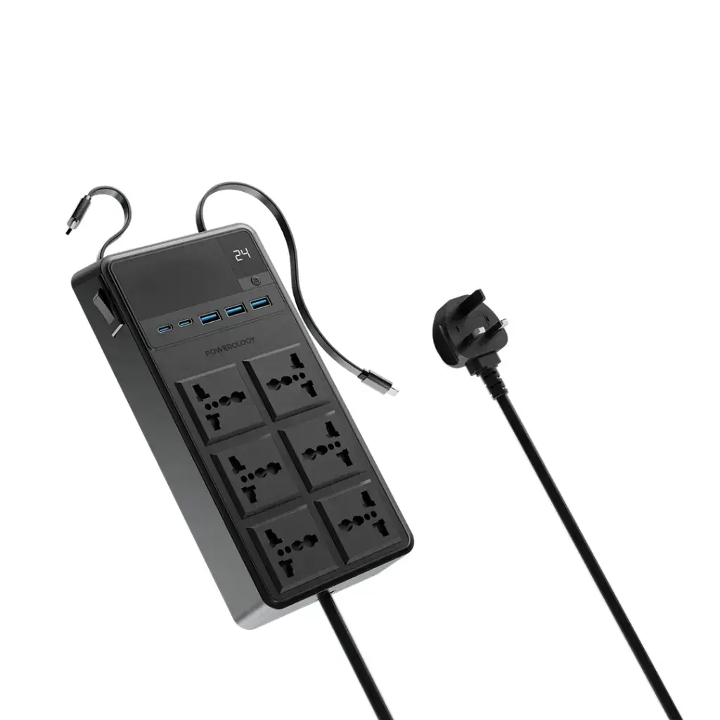 Powerology 2500W 6AC Power Strip with Built-In Retractable Cables - Black.webp