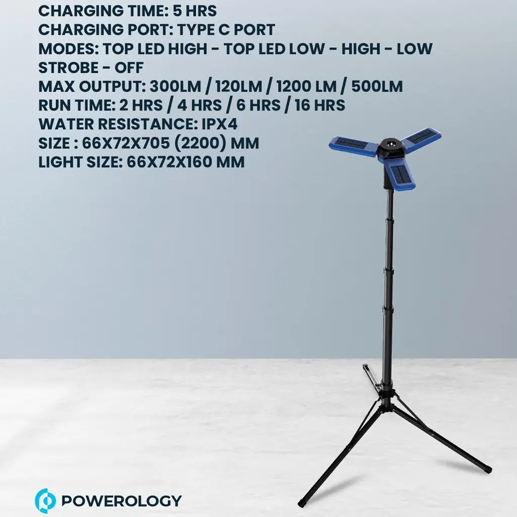 Powerology Camping Solar Foldable Tripod LED Light IPX4 3.7V 2600mAh - Blue.webp