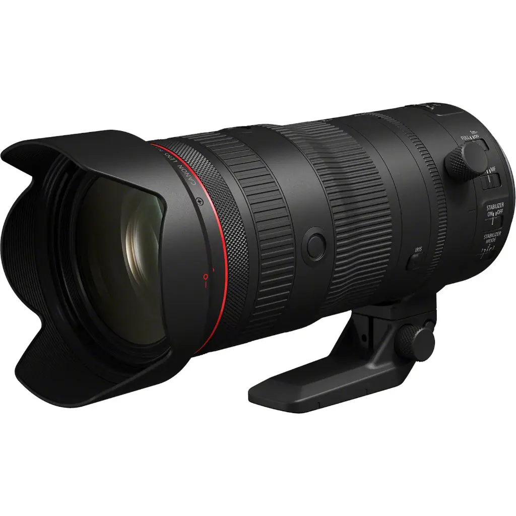 canon-rf-24-105mm-f2-8l-is-usm-z-lens-product-left-slant-view-with-lens-hood-and-stand.webp