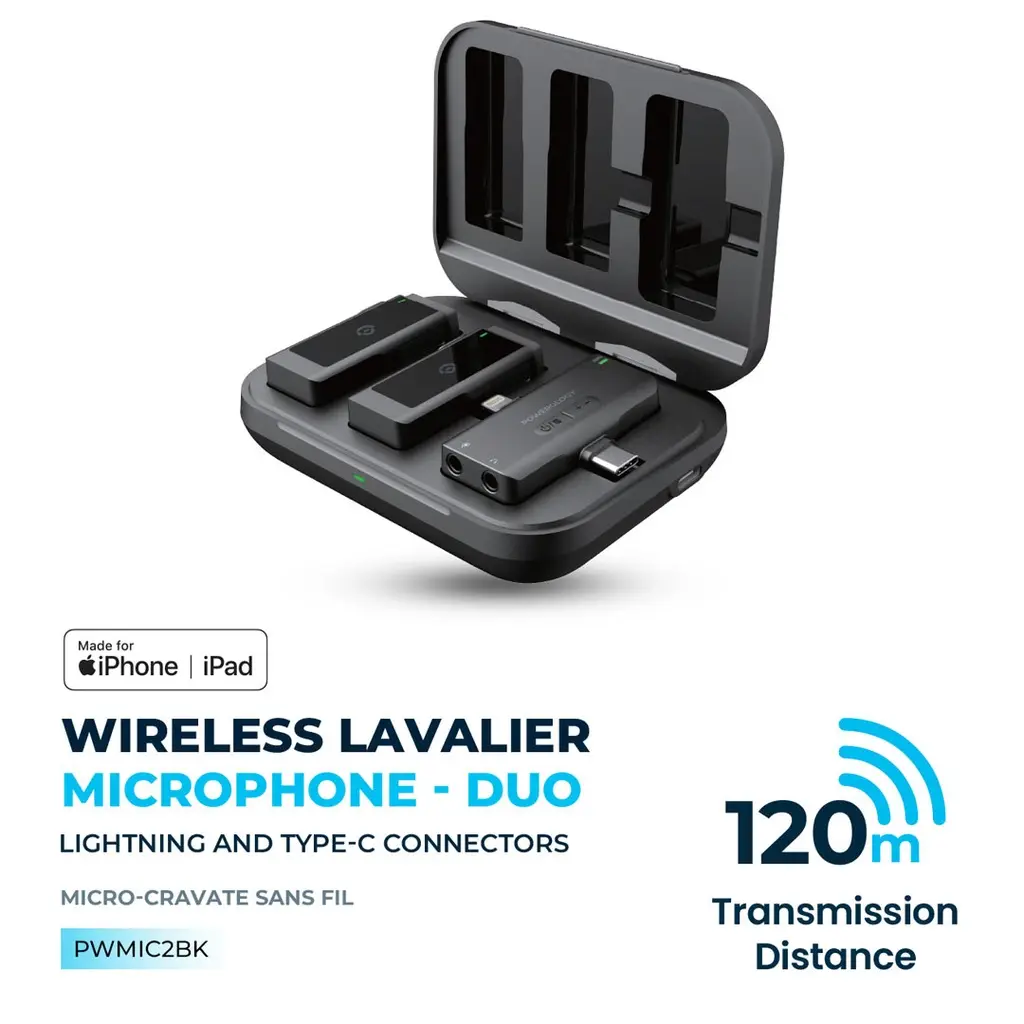 Powerology MFI Dual Connector Wireless Lavalier Microphone x2 Mic 2000mAh - Black (2).webp