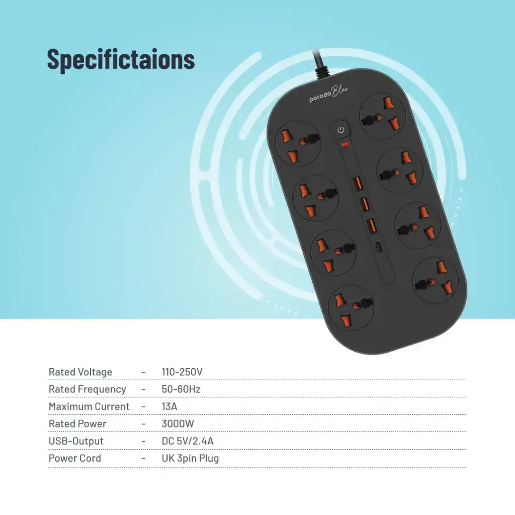 Porodo Blue 8 AC Power Strip - Black.webp