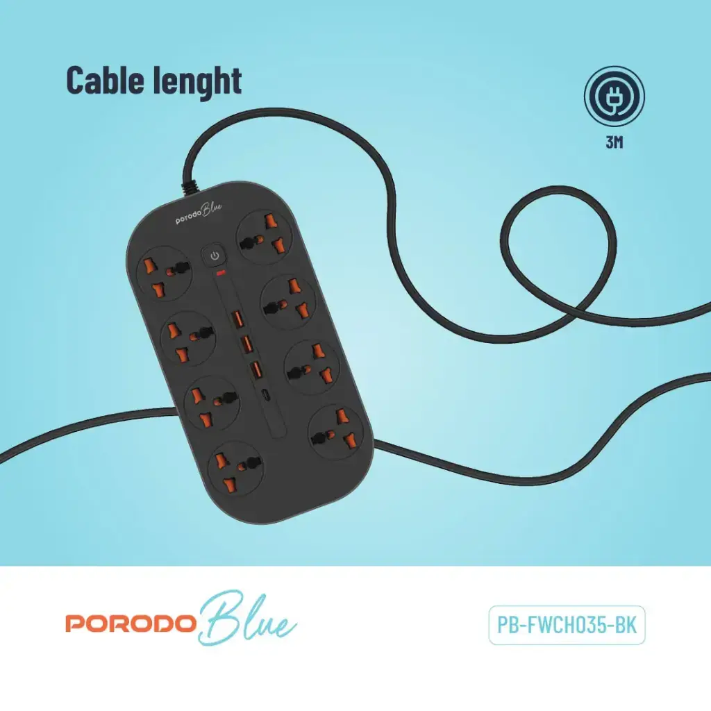 Porodo Blue 8 AC Power Strip - Black (4).webp
