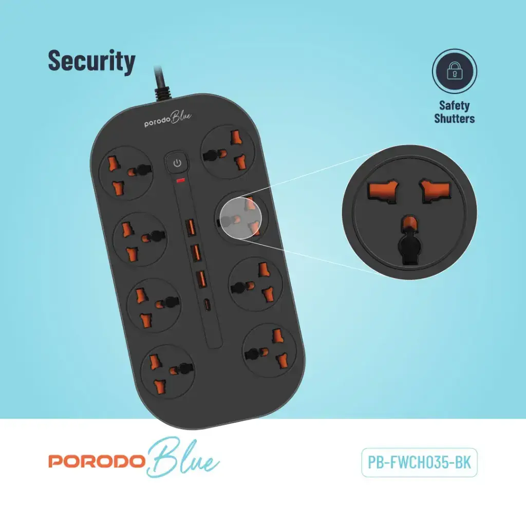 Porodo Blue 8 AC Power Strip - Black (3).webp