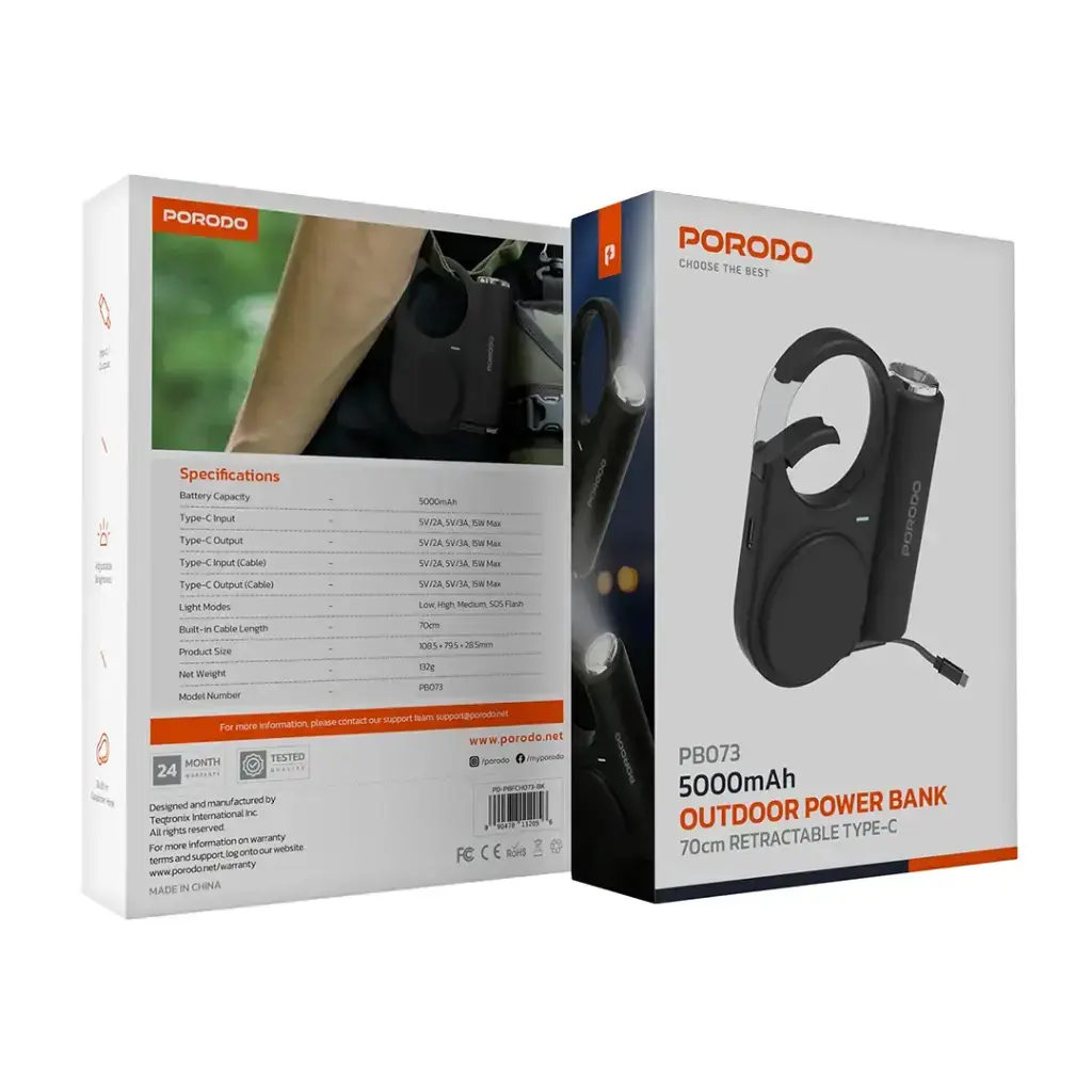 Porodo 5000mAh Outdoor Power Bank 70 cm Retractable Type-C - Black.webp